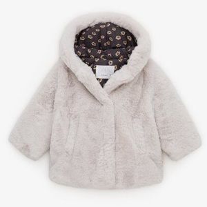 Zara Baby PomPom Faux Fur Jacket 12-18m Pearl Gray